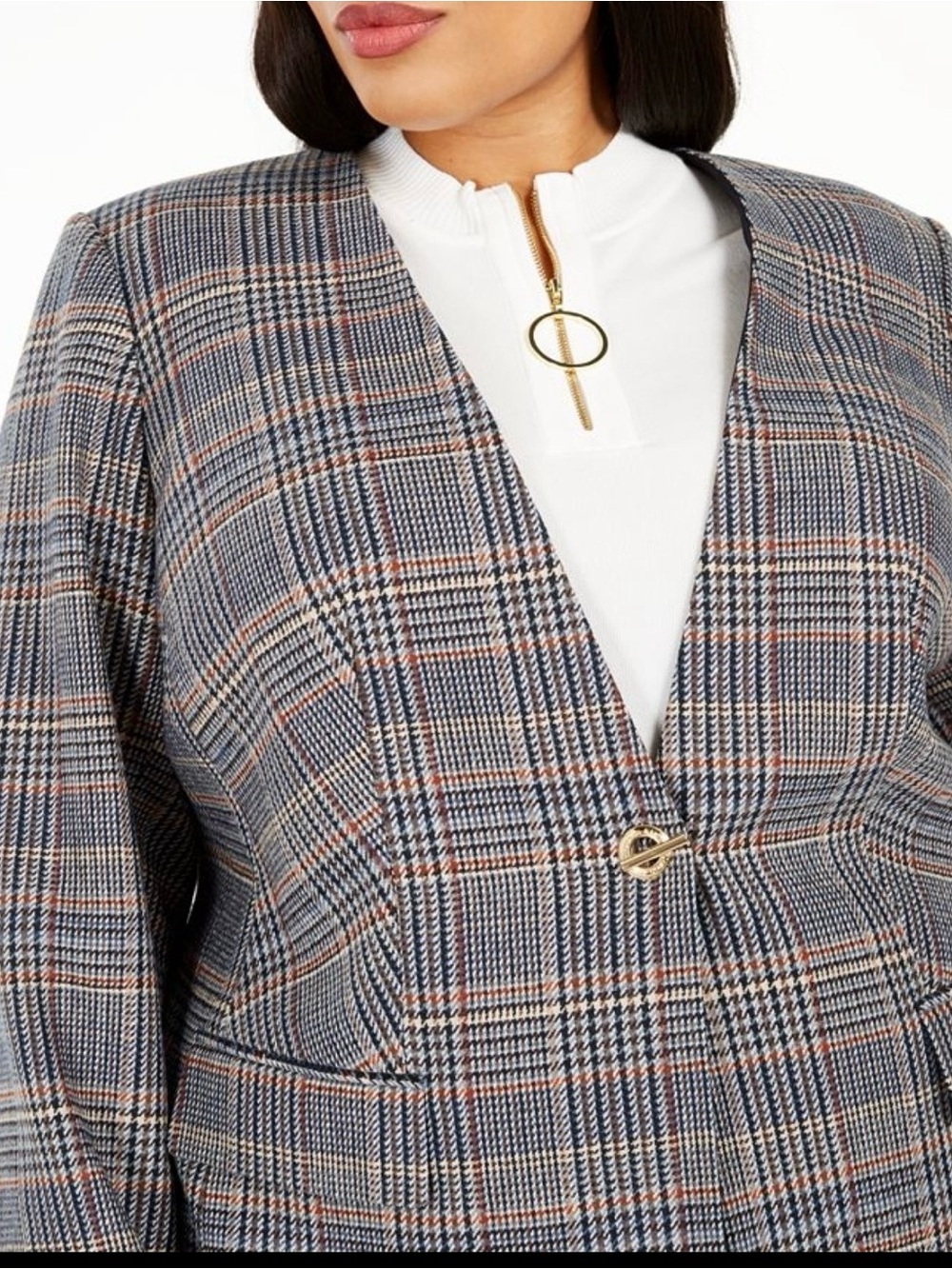 Calvin Klein Glen Plaid Collarless Gold Toggle Blazer 14P Petite